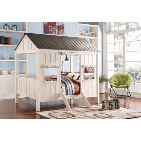Spring Cottage White Gray Wood Full Bed W/Ladder